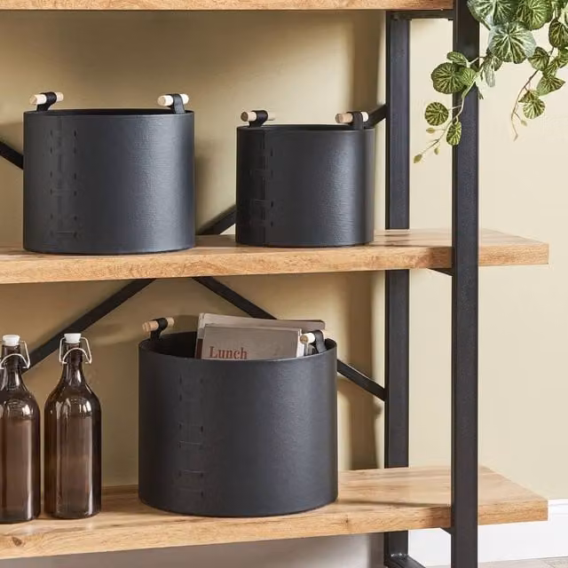 Wyld and Coco Set of 3 Black Faux Leather Storage Baskets with Handles