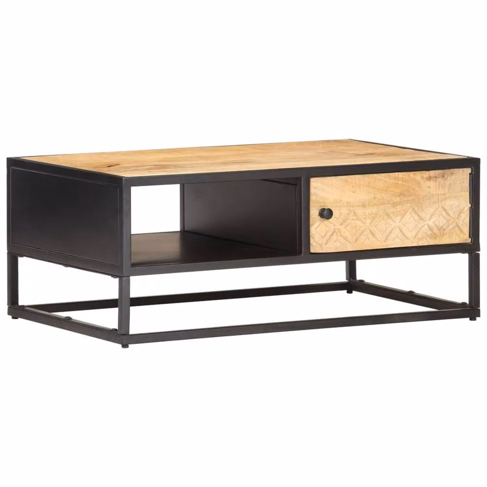 Berkfield Home Coffee Table with Carved Door in Brown Rough Mango Wood, W: 90 cm, D: 55 cm, H: 36 cm – 2