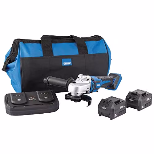 Draper 99734 D20 20V 115mm Brushless Grinder Kit in Blue with 2 x 3Ah Rechargeable Batteries, Charger and Bag