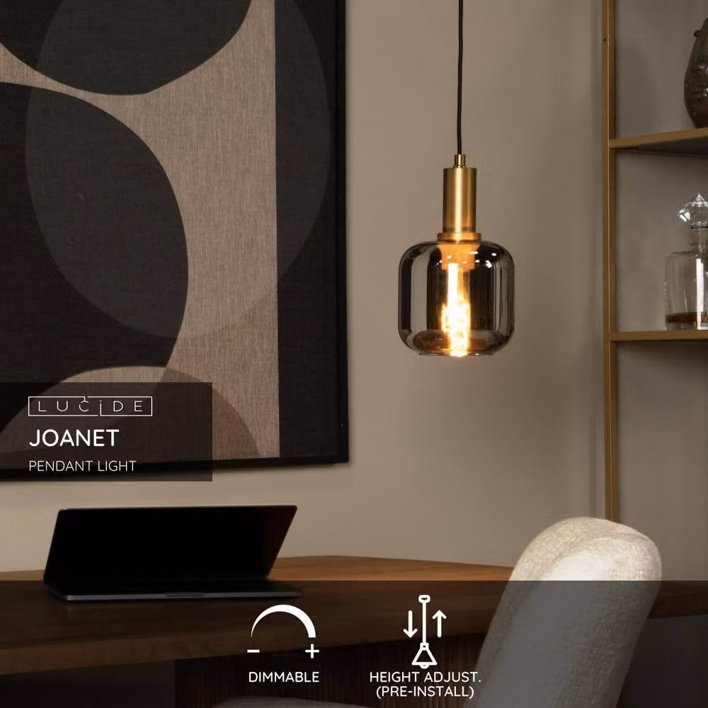 Lucide Joanet Pendant Light, Grey Glass and Gold/Brass, Diameter: 16 cm – 2