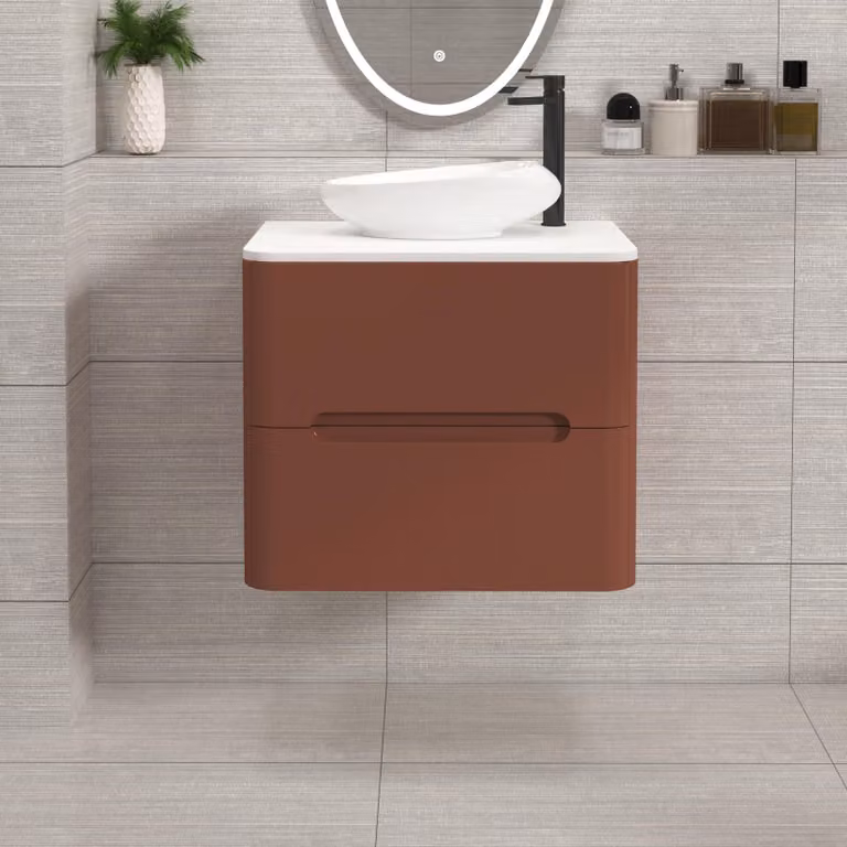 Royal Bathrooms Venice 600mm Wall Hung Vanity Unit in Terracotta Clay with 2 Drawers and White Nova Basin Worktop