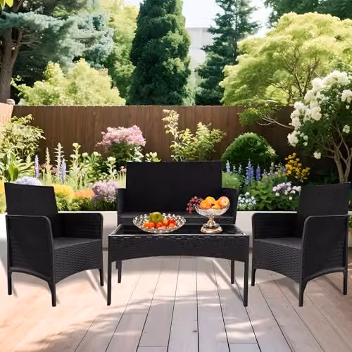 Alivio 4 Piece Rattan Furniture Set in Black with Coffee Table, 2 Seater Sofa, Armchairs and Cushions for Garden, Terrace or Balcony – 5