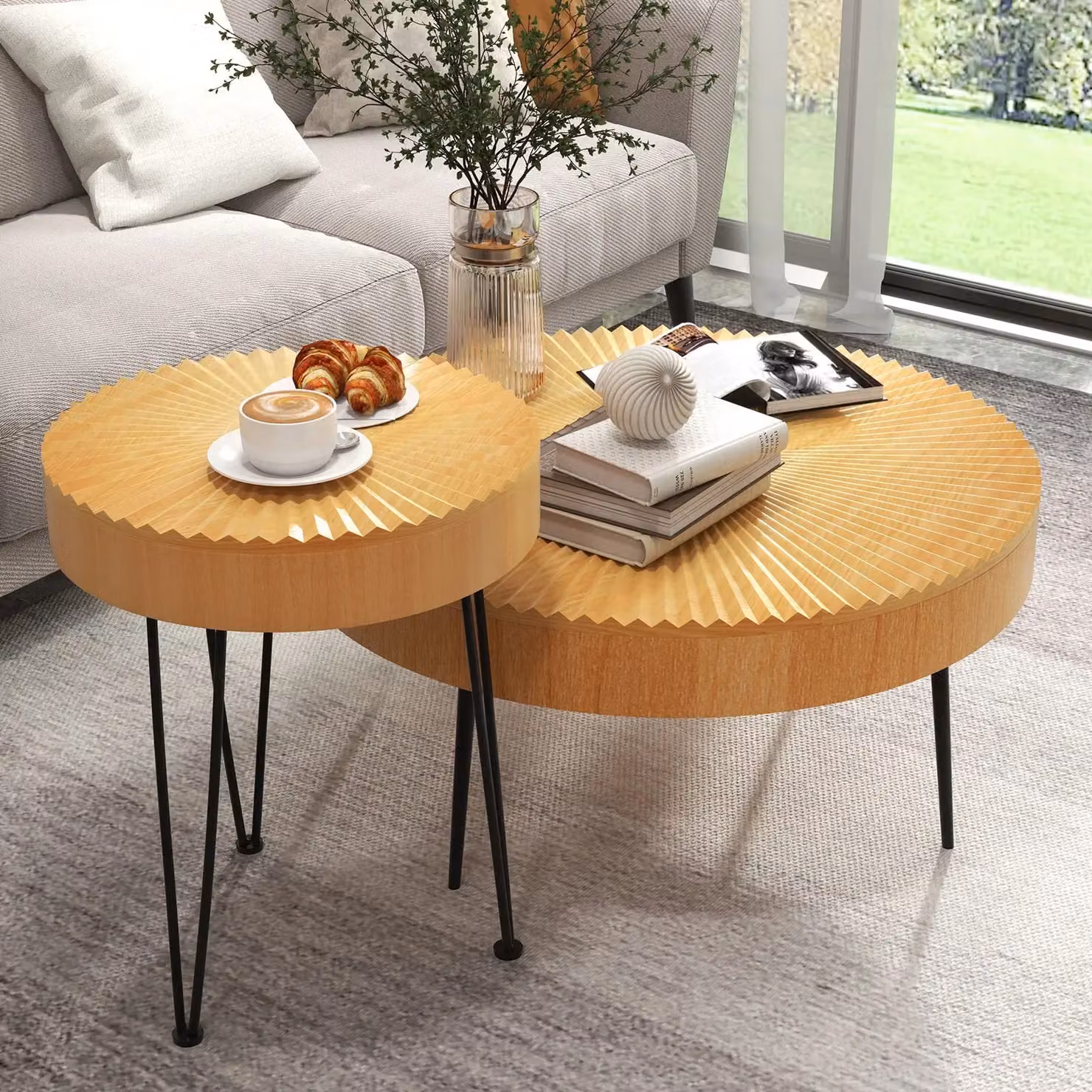 Costway Set of 2 Round Nesting Coffee Tables in Natural Wood with Adjustable Feet, Boho Farmhouse Style – 2