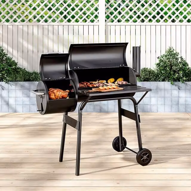 Kidkid Portable Charcoal BBQ Grill with Thermometer and Wheels in Black Steel