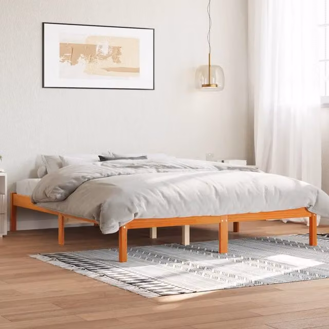 Berkfield Home King Size Solid Wood Pine Bed Frame in Wax Brown, W/D/H: 150 x 200 cm