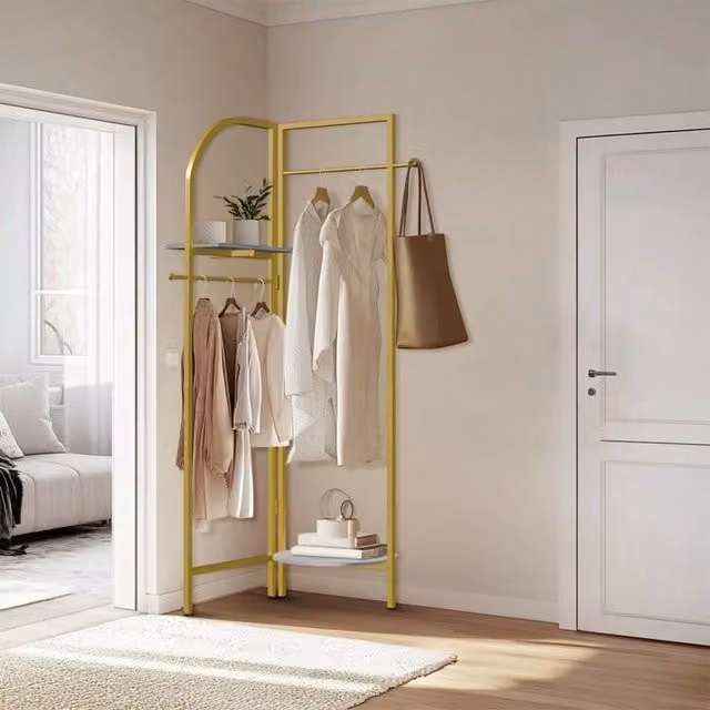 KORVIXA Modern Glossy Gold Metal Clothes Rail with Dual Hook and Rail Matrix
