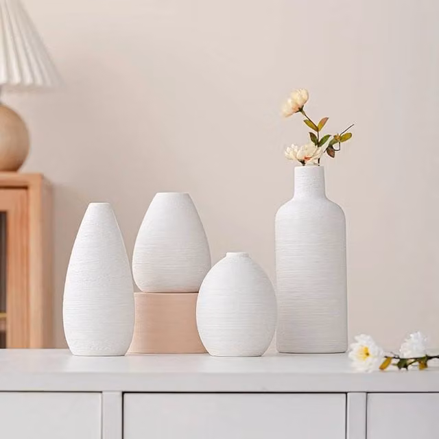 PAWNORA Set of 4 White Striped Minimalist Ceramic Flower Vases for Tabletop Display