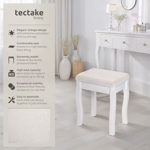 tectake Vintage Style Dressing Table Stool with Floral Fabric Upholstery and White Lacquered Pine Wood Legs, W/D/H: 40 x 30 x 51 cm