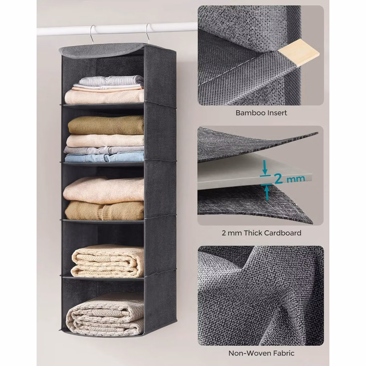 SONGMICS Set of 2 Foldable Hanging Wardrobe Clothes Organisers in Grey – 4