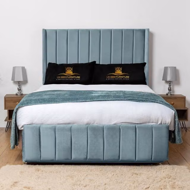 UK Bed Furniture Arizona Wingback Divan Bed Base with 54 Inch Headboard in Light Blue Velvet, Size: King, W/D/H: 180 x 200 cm