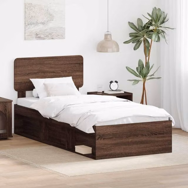 Berkfield Home Bed Frame with Headboard in Brown Oak and Solid Pine Wood, W: 75 cm, L: 190 cm – 1
