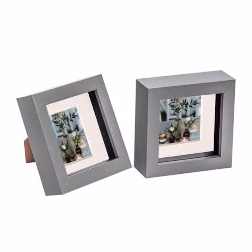 Nicola Spring Pack of 2 Modern Square 3D Shadow Box Photo Frames in Grey with White Mounts, 10 x 10 cm
