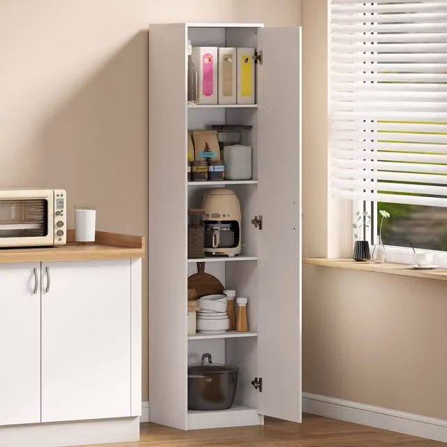HOMCOM 5-Tier White Pantry Storage Cabinet with Adjustable Shelves and Hinged Doors