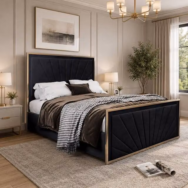 Casani Somerton Modern Upholstered Velvet Bed Frame in Black, W/D/H: 90 x 190 x 137 cm