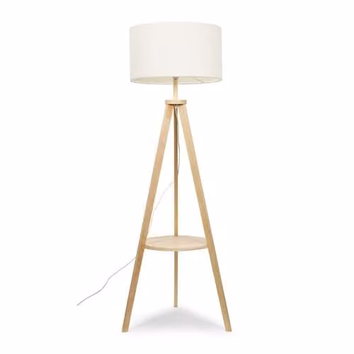 ValueLights Modern Wood Tripod Floor Lamp with Fabric Cylinder Shade and LED Bulb in White
