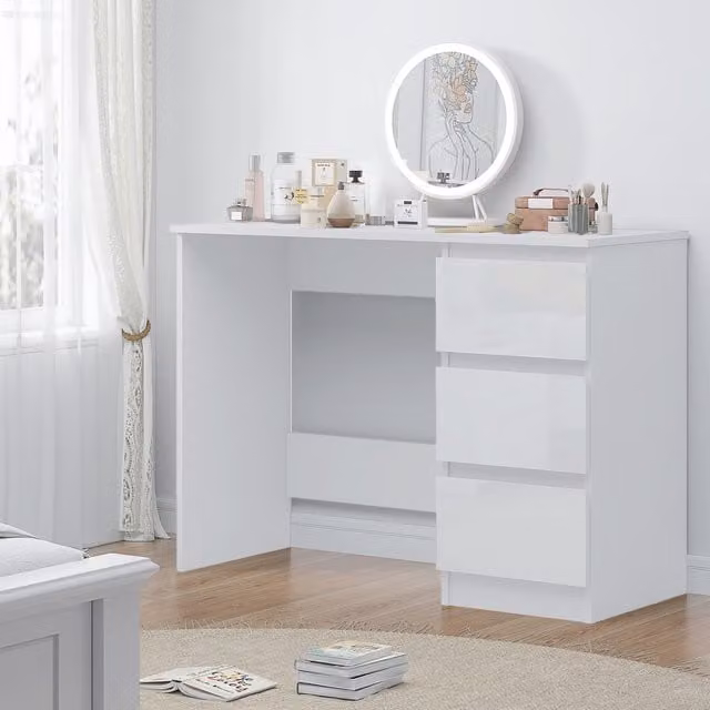 FWStyle Scandinavian High Gloss White Dressing Table with 3 Drawers