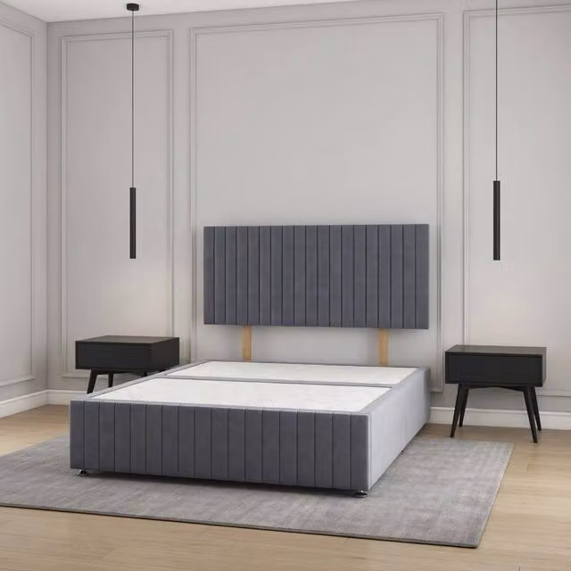 Regional Furnishings Plush Velvet Upholstered Divan Bed Base with 24 Inch Headboard in Grey, W/D/H: 90 x 200 cm