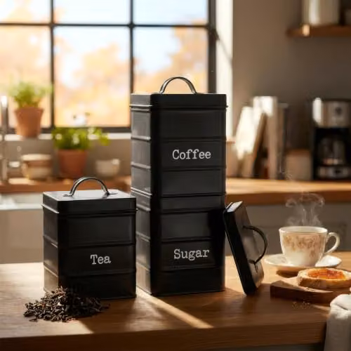 Harbour Housewares 3-Piece Metal Tea Coffee Sugar Canister Set in Black with Airtight Lids – 2