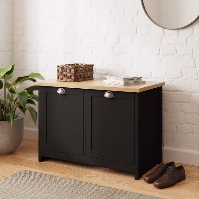 GFW Lancaster Freestanding Lacquered Wood Shoe Storage Unit with Tilting Compartments in Black or Grey