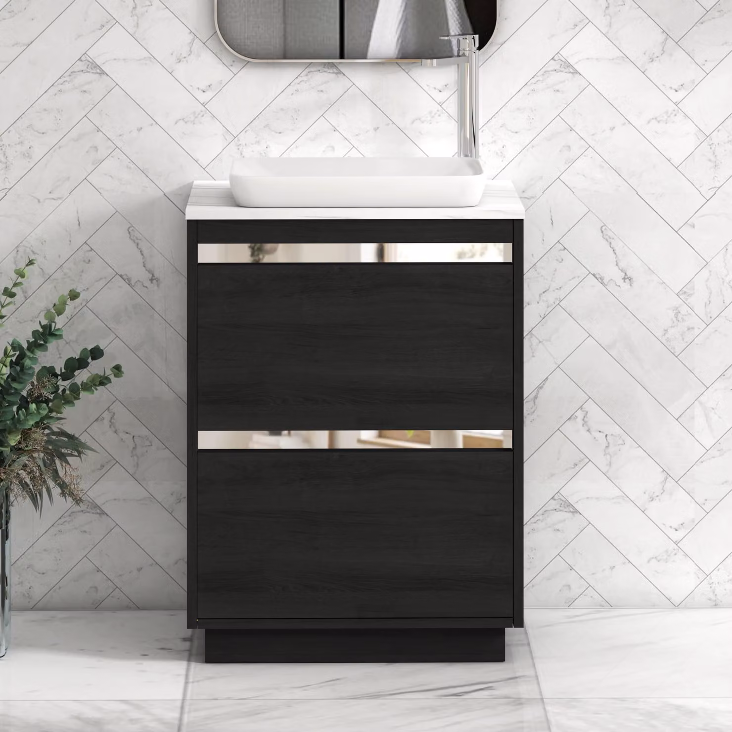 Royal Bathrooms Orion 600mm Hale Black Floor Standing Vanity Unit with Qubix Basin and Carrara White Countertop, 2 Drawers and Chrome Accent Trim