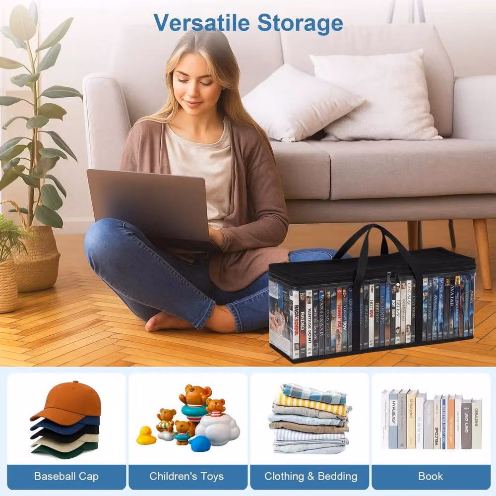KORVIXA 2 Pack Foldable Fabric DVD Storage Boxes in Black, W: 70 cm – 3