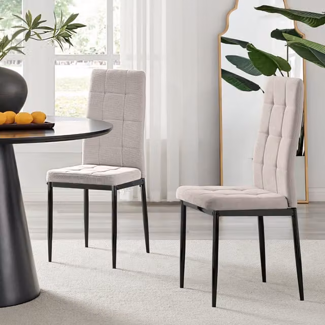 FurnitureboxUK Set of 2 Paloma Upholstered Fabric Kitchen Dining Chairs with Black Metal Legs - Beige