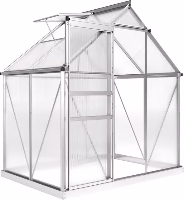 OUTSUNNY Polycarbonate Walk-in Garden Greenhouse with Sliding Door and Windows, Silver Tone