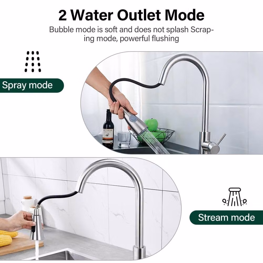 INMTFEI Stainless Steel Kitchen Mixer Tap with Dual Spray and Pull-Out Spout in Brushed Nickel Silver – 2