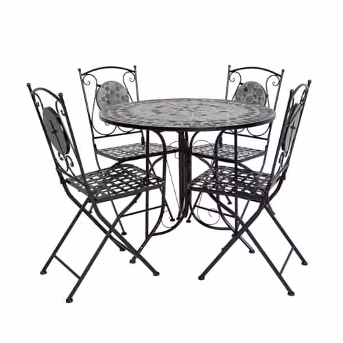 Charles Bentley Blue Mosaic 5 Piece Wrought Iron Dining Set for Garden, Balcony or Terrace, W/D/H: 90 x 90 x 72 cm