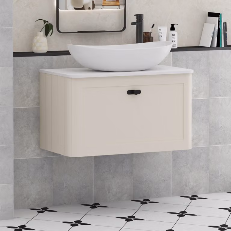 Royal Bathrooms Henley 800mm Wall Hung Vanity Unit in Mushroom Cashmere with Cesar Basin and Matt Black Knob