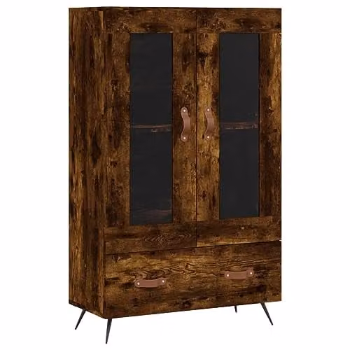 vidaXL Modern Smoked Oak Highboard with Glass Doors and Internal Shelves, W/D/H: 69.5 x 31 x 115 cm