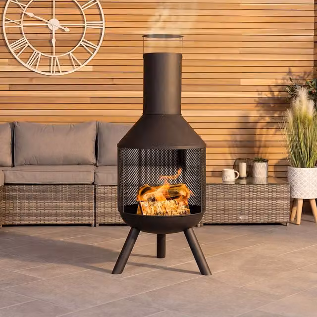 Charles Bentley Modern Black Steel Chiminea, H 116 x W 44.5 x D 44.5 cm