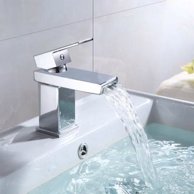 Nes Home Saturn Modern Design Square Waterfall Mono Mixer Tap for Cloakroom Basin in Silver Chrome