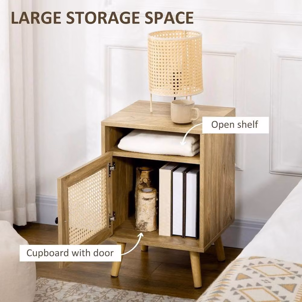 FORGEVIO Set of 2 Mid-Century Brown Wood and Rattan Bedside Cabinets with Storage Cupboards – 2
