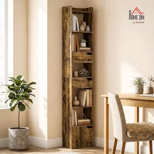 HOMCOM 5-Tier Bookcase with Drawers and Cabinet in Rustic Brown – 2
