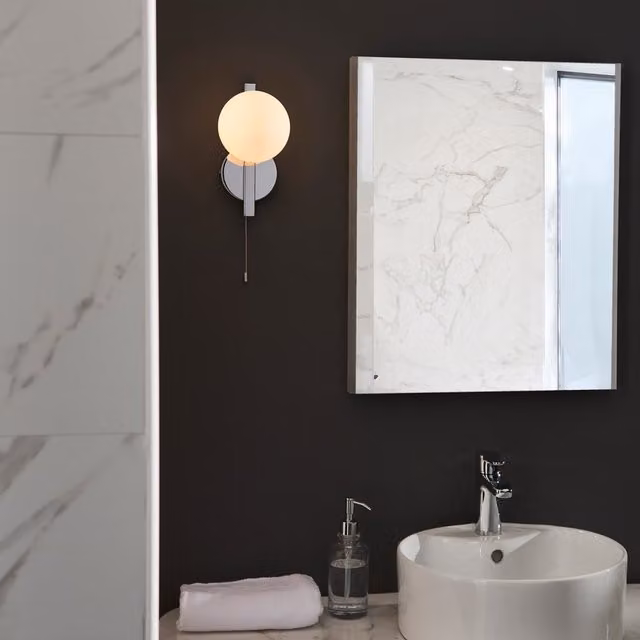 Merano Chrome and Grey Bathroom Wall Lamp with White Glass Sphere and IP44 Rating