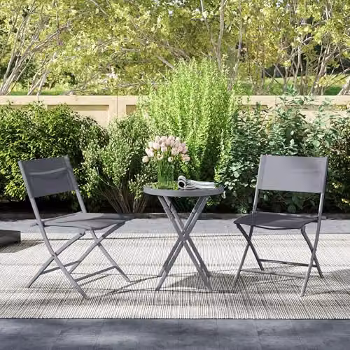 Outsunny 3 Piece Outdoor Bistro Set with Glass Top Round Table and 2 Folding Chairs in Grey – 6