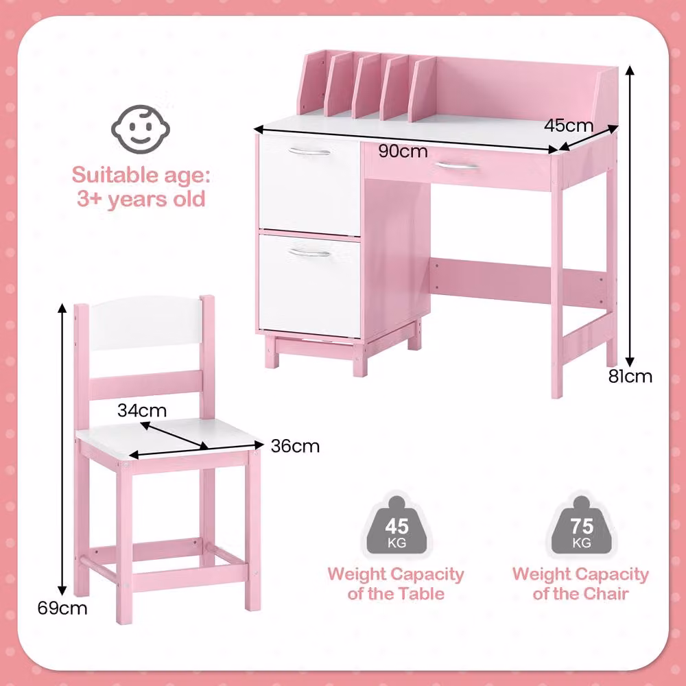 Costway Kids Wooden Study Desk and Chair Set with Drawer in Pink and Multicolour – 2