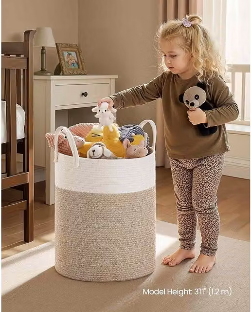 The Bazaarist Cotton Rope Storage Basket with Handles, White, Grey and Brown, W/D/H: 50.0 x 35.0 x 35.0 cm