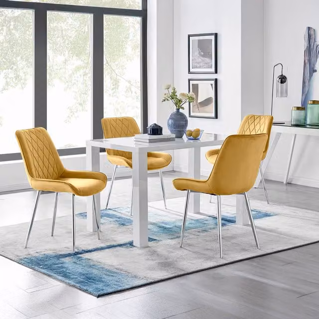 FurnitureboxUK Pivero 4 White Rectangular Dining Table and 4 Pesaro Silver Leg Chairs in Mustard Yellow