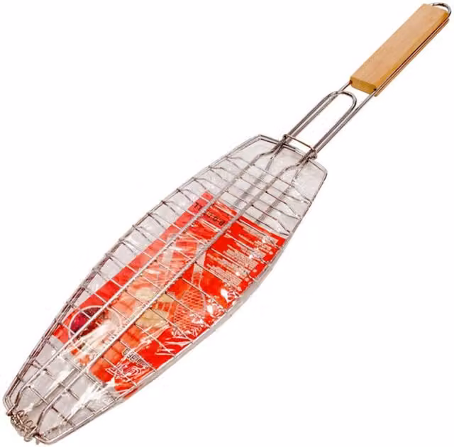 KDMK Silver Metal Oval BBQ Grilling Basket with Wooden Handle, 35 cm