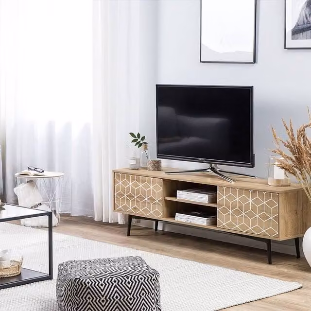 Wyld Haus Scandinavian Style 60-inch TV Stand in Brown and White with 2 Cabinets and 2 Open Shelves, W/D/H: 160 x 40 x 50 cm