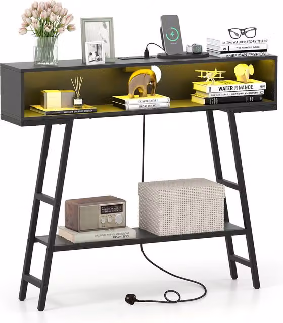 COSTWAY Industrial LED Charging Station Console Table in Black
