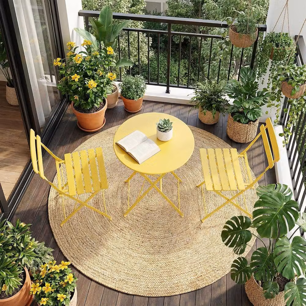 London Boutique 3-Piece Folding Metal Bistro Set with Round Table and 2 Chairs in Yellow – 3