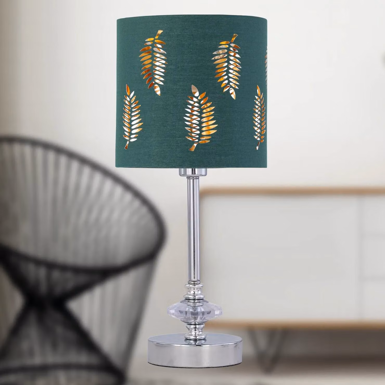 First Choice Lighting Set of 2 Chrome Jewelled Table Lamps with Green Fabric Shades – 3