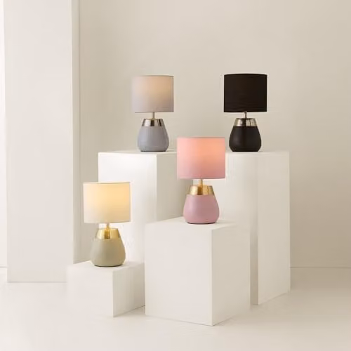 ValueLights Hurst Black Ceramic Touch Table Lamp with Fabric Cylinder Shade and Bulb – 5