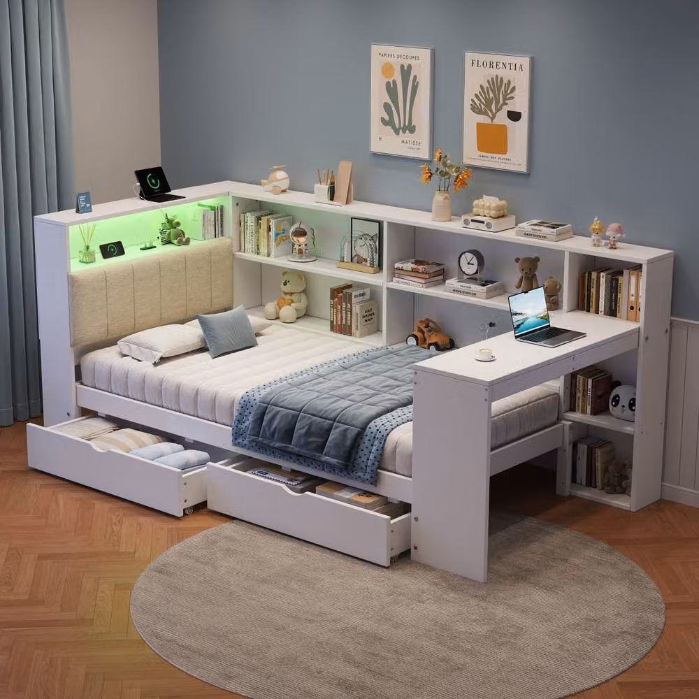 Merax White Single Corner Cabin Bed with Desk, LED Lighting, USB Charging Port and Drawers, W/D/H: 190 x 90 x 220 cm – 2