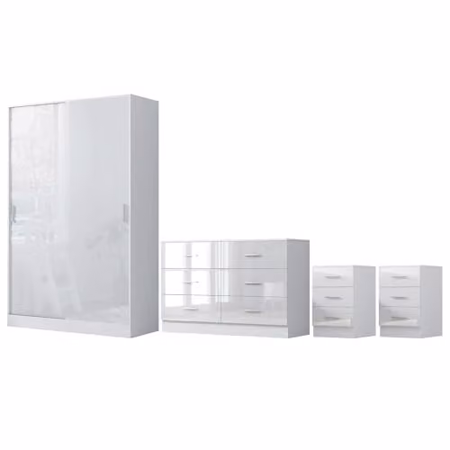 Reflect Modern Bedroom Furniture Set in White Gloss and Matt White Finish, including Sliding Wardrobe, Wide Chest and 2x Bedside Tables – 2