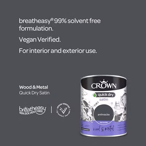 Crown Quick Dry Water Based Satin Wood and Metal Paint, Anthracite, 0.75 l – 2