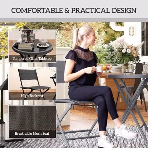 Outsunny 3 Piece Outdoor Bistro Set with Glass Top Round Table and 2 Folding Chairs in Black – 4